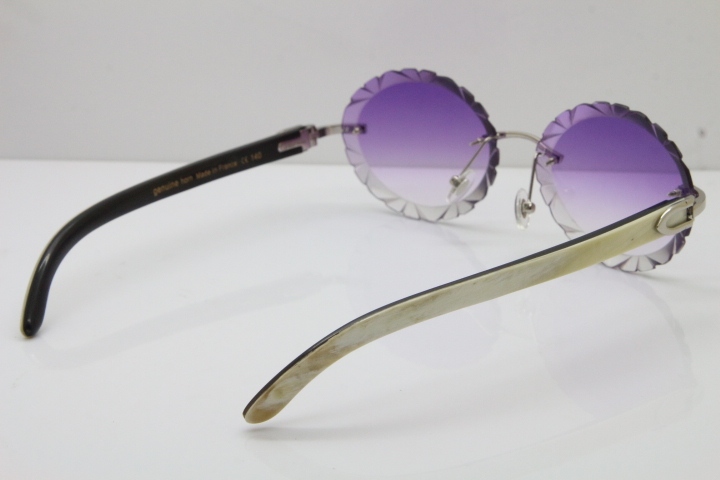 Cartier Rimless Original White Inside Black Buffalo Horn T8200761 Sunglasses in Gold Purple Carved Lens