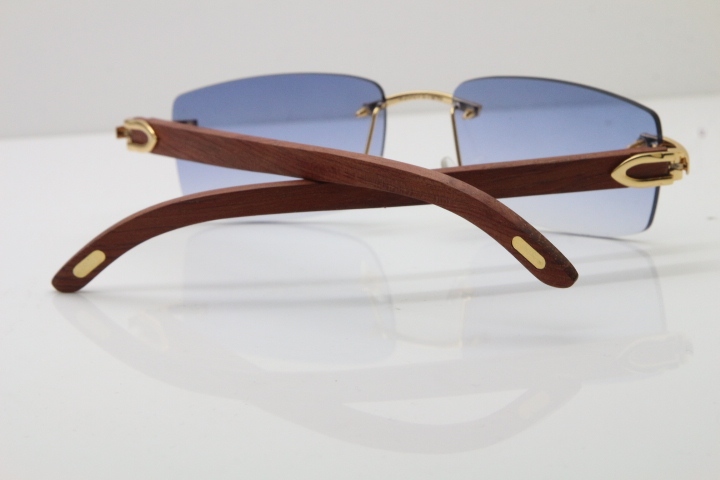 Cartier Rimless 8200758 SunGlasses Original Wood Sunglasses in Silver Blue Lens