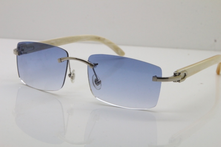 Cartier Rimless 8200757 SunGlasses Original White Genuine Natural Horn Sunglasses in Gold Blue Lens