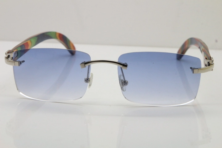 Cartier Rimless 8200757 SunGlasses Original Peacock Wood Sunglasses in Silver Blue Lens