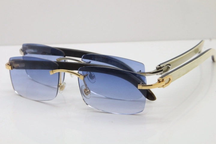 Cartier Rimless 8200758 SunGlasses Original White Inside Black Buffalo Horn Sunglasses in Silver Blue Lens