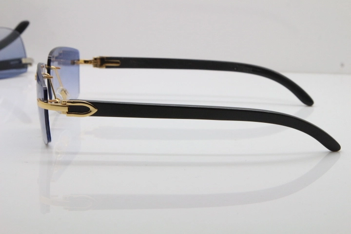 Cartier 8200757 Rimless SunGlasses Original Black Buffalo Horn Sunglasses in Gold Blue Lens