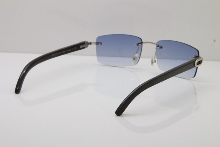 Cartier Rimless 8200758 SunGlasses Original Black Buffalo Horn Sunglasses in Silver Blue Lens