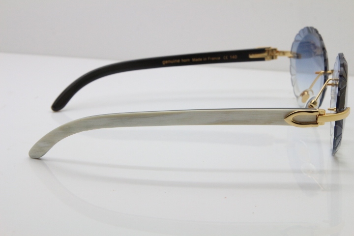 Cartier Rimless Original White Inside Black Buffalo Horn T8200761 Sunglasses in Gold Blue Carved Lens