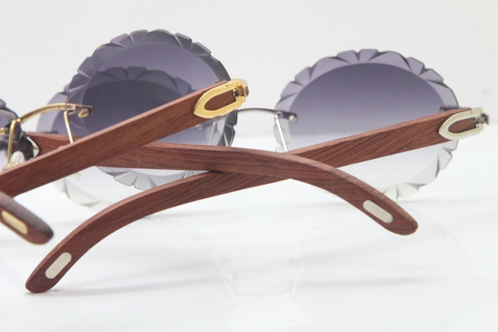 Cartier Rimless Original Wood T8200761 Sunglasses in Gold Gray Carved Lens