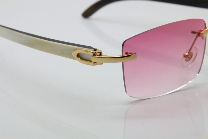 Cartier Rimless 8200757 SunGlasses Original White Inside Black Buffalo Horn Sunglasses in Gold Pink Lens