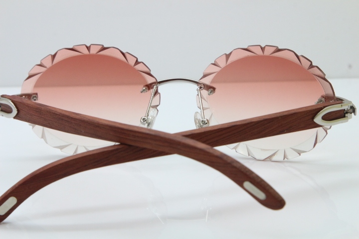 Cartier Rimless Original Wood T8200761 Sunglasses in Gold Pink Carved Lens