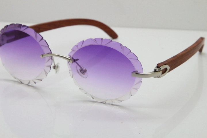 Cartier Rimless Original Wood T8200761 Sunglasses in Gold Purple Carved Lens