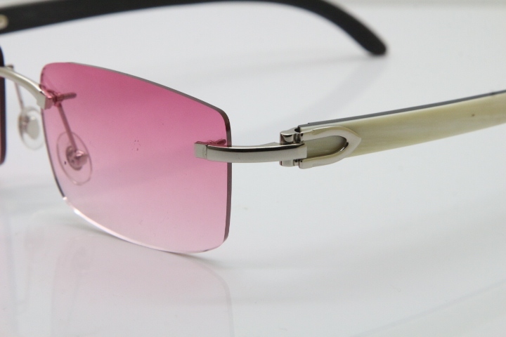 Cartier Rimless 8200757 SunGlasses Original White Inside Black Buffalo Horn Sunglasses in Gold Pink Lens