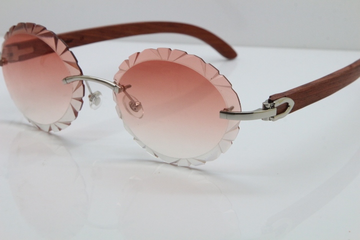 Cartier Rimless Original Wood T8200761 Sunglasses in Gold Pink Carved Lens