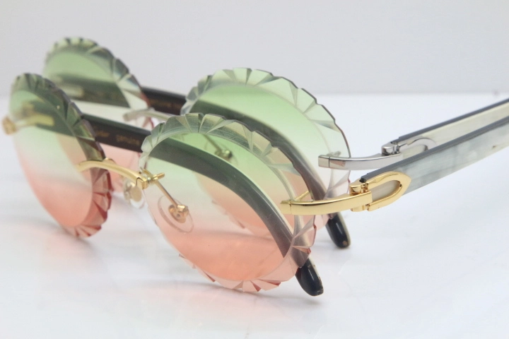 Cartier Rimless Original White Inside Black Buffalo Horn T8200761 Sunglasses in Gold Green mix Brown Carved Lens