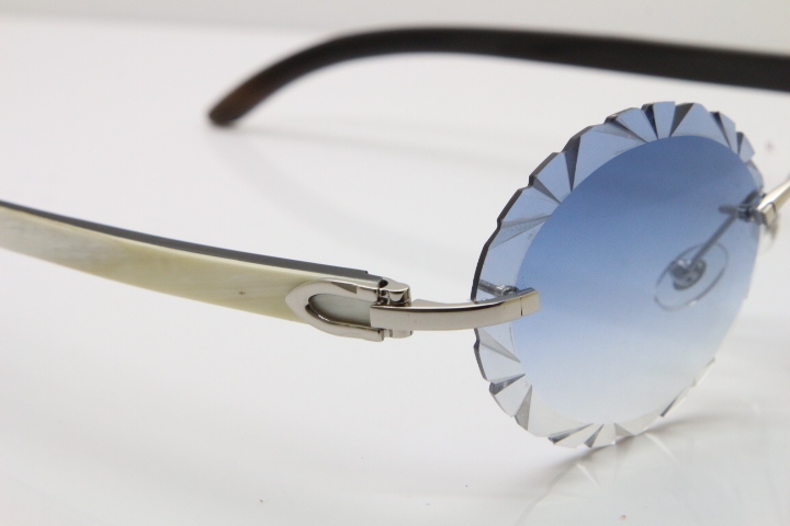 Cartier Rimless Original White Inside Black Buffalo Horn T8200761 Sunglasses in Gold Blue Carved Lens