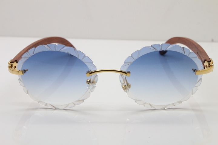 Cartier Rimless Original Wood T8200761 Sunglasses in Gold Blue Carved Lens