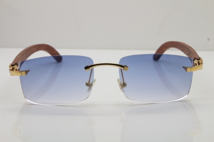 Cartier Rimless 8200758 SunGlasses Original Wood Sunglasses in Silver Blue Lens