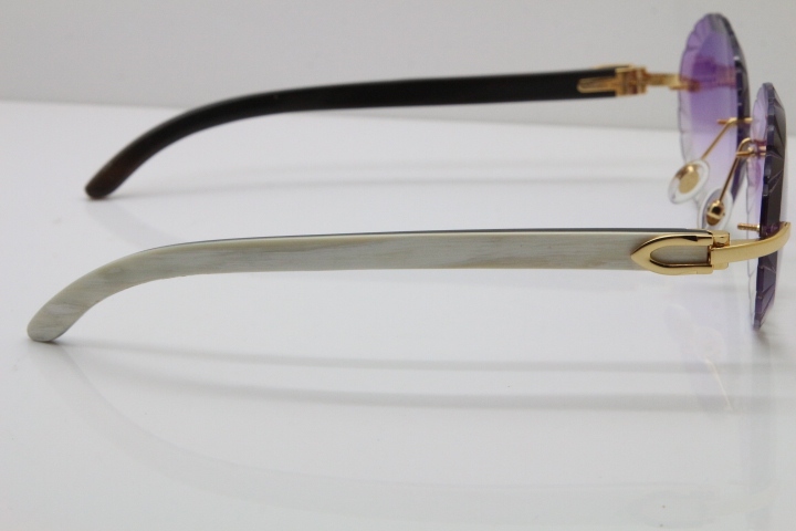 Cartier Rimless Original White Inside Black Buffalo Horn T8200761 Sunglasses in Gold Purple Carved Lens