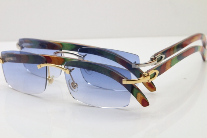Cartier Rimless 8200757 SunGlasses Original Peacock Wood Sunglasses in Silver Blue Lens