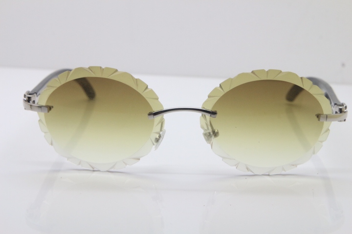 Cartier Rimless Original White Inside Black Buffalo Horn T8200761 Sunglasses in Gold Brown Carved Lens