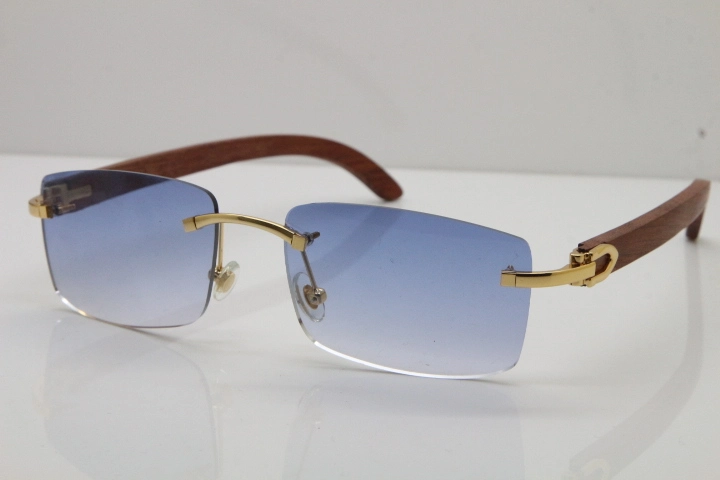 Cartier Rimless 8200758 SunGlasses Original Wood Sunglasses in Silver Blue Lens