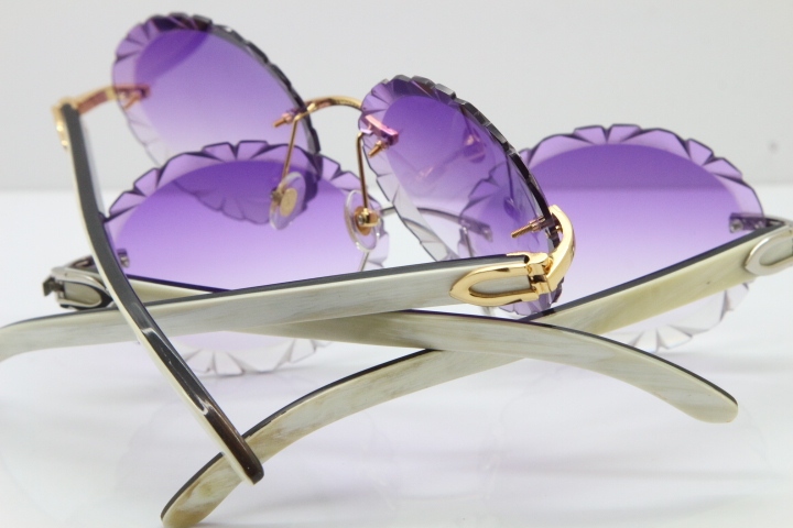 Cartier Rimless Original White Inside Black Buffalo Horn T8200761 Sunglasses in Gold Purple Carved Lens