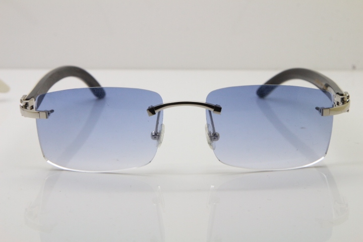 Cartier Rimless 8200758 SunGlasses Original White Inside Black Buffalo Horn Sunglasses in Silver Blue Lens