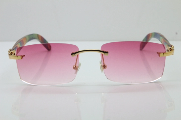 Cartier Rimless 8200757 SunGlasses Original Peacock Wood Sunglasses in Gold Pink Lens