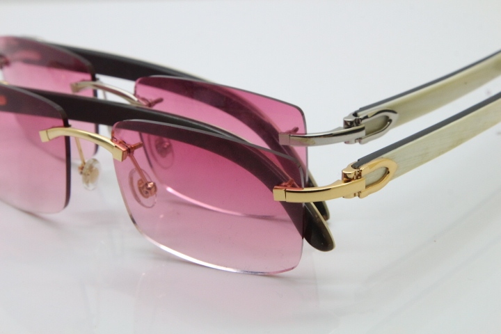 Cartier Rimless 8200757 SunGlasses Original White Inside Black Buffalo Horn Sunglasses in Gold Pink Lens