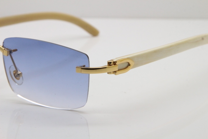 Cartier Rimless 8200757 SunGlasses Original White Genuine Natural Horn Sunglasses in Gold Blue Lens