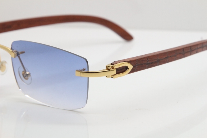 Cartier Rimless 8200757 SunGlasses Original Carved Wood Sunglasses in Gold Blue Lens