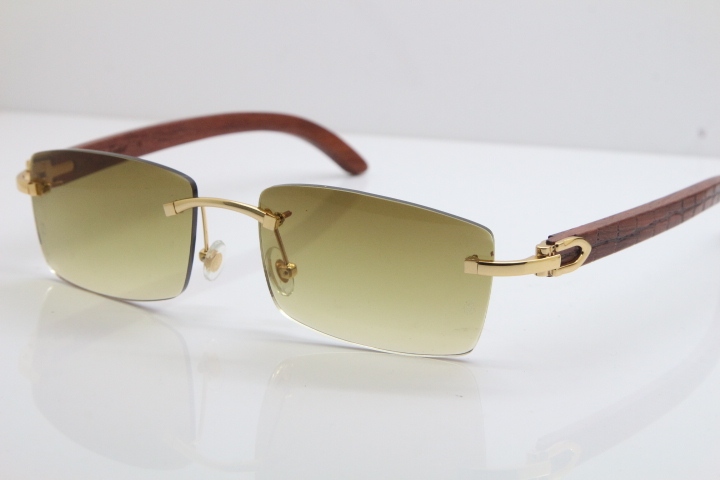 New Cartier Rimless 8200757 SunGlasses Original Carved Wood Sunglasses in Gold Brown Lens