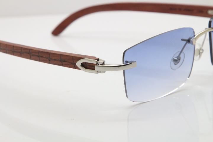 Cartier Rimless 8200757 SunGlasses Original Carved Wood Sunglasses in Gold Blue Lens