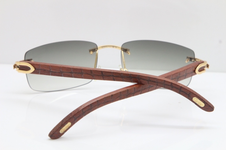 New Cartier Rimless 8200757 SunGlasses Original Carved Wood Sunglasses in Gold Light Green Lens