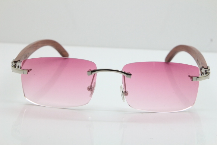 Cartier Rimless 8200757 SunGlasses Original Carved Wood Sunglasses in Gold Pink Lens