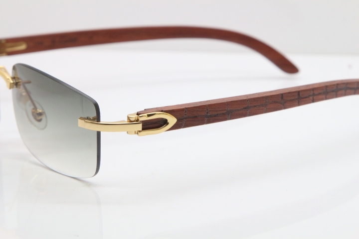 New Cartier Rimless 8200757 SunGlasses Original Carved Wood Sunglasses in Gold Light Green Lens