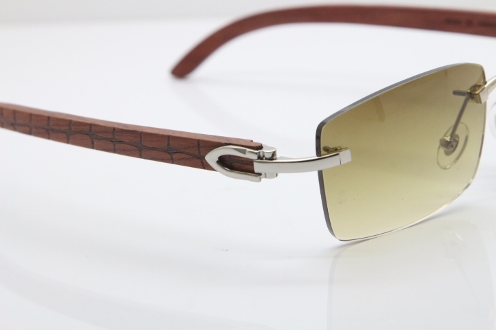 New Cartier Rimless 8200757 SunGlasses Original Carved Wood Sunglasses in Gold Brown Lens