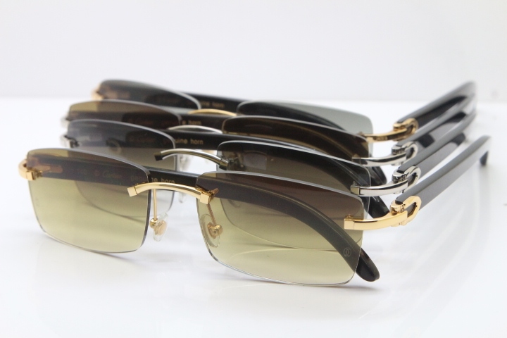 Cartier Rimless 8200757 Original Black Buffalo Horn Sunglasses In Gold Brown Lnes