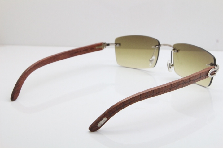 New Cartier Rimless 8200757 SunGlasses Original Carved Wood Sunglasses in Gold Brown Lens