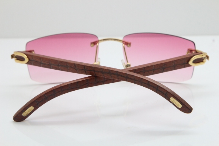 Cartier Rimless 8200757 SunGlasses Original Carved Wood Sunglasses in Gold Pink Lens