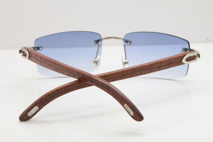 Cartier Rimless 8200757 SunGlasses Original Carved Wood Sunglasses in Gold Blue Lens