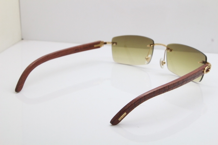 New Cartier Rimless 8200757 SunGlasses Original Carved Wood Sunglasses in Gold Brown Lens