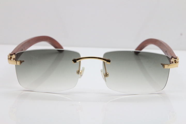 New Cartier Rimless 8200757 SunGlasses Original Carved Wood Sunglasses in Gold Light Green Lens