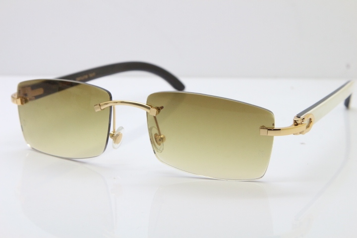 Hot Cartier Rimless 8200757 Original White Inside Black Buffalo Horn Sunglasses In Gold Brown Lnes