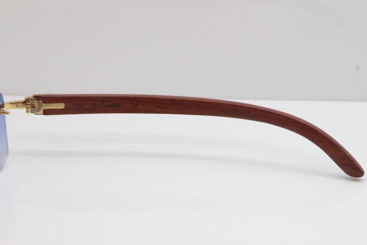 Cartier Rimless 8200757 SunGlasses Original Carved Wood Sunglasses in Gold Blue Lens