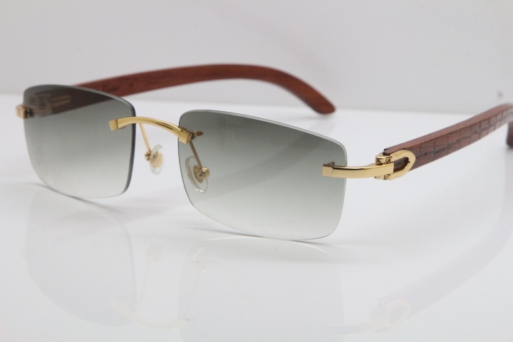 New Cartier Rimless 8200757 SunGlasses Original Carved Wood Sunglasses in Gold Light Green Lens
