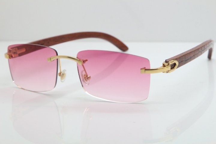 Cartier Rimless 8200757 SunGlasses Original Carved Wood Sunglasses in Gold Pink Lens