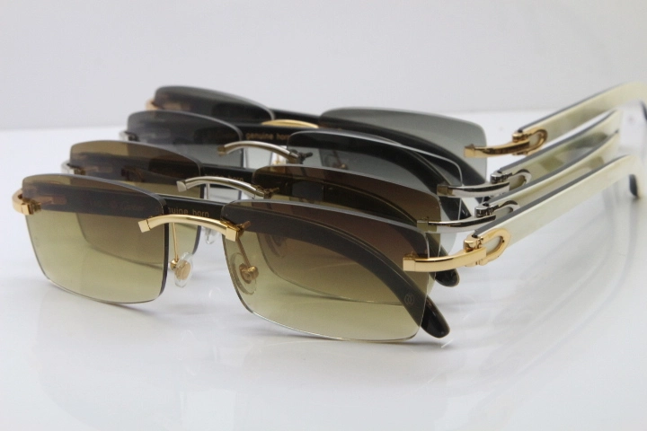 Hot Cartier Rimless 8200757 Original White Inside Black Buffalo Horn Sunglasses In Gold Light green Lnes