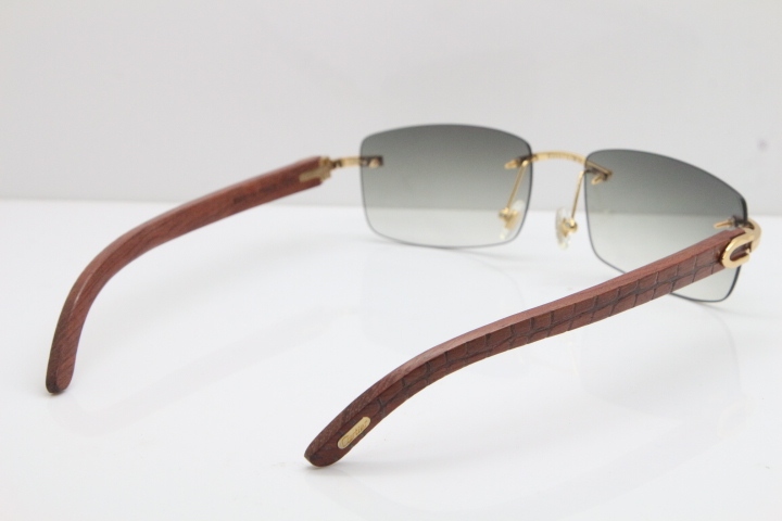 New Cartier Rimless 8200757 SunGlasses Original Carved Wood Sunglasses in Gold Light Green Lens