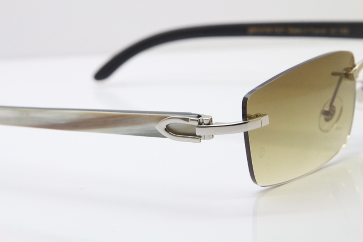 Hot Cartier Rimless 8200757 Original White Inside Black Buffalo Horn Sunglasses In Gold Brown Lnes