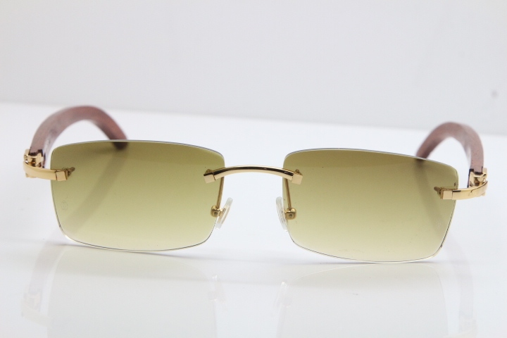 New Cartier Rimless 8200757 SunGlasses Original Carved Wood Sunglasses in Gold Brown Lens