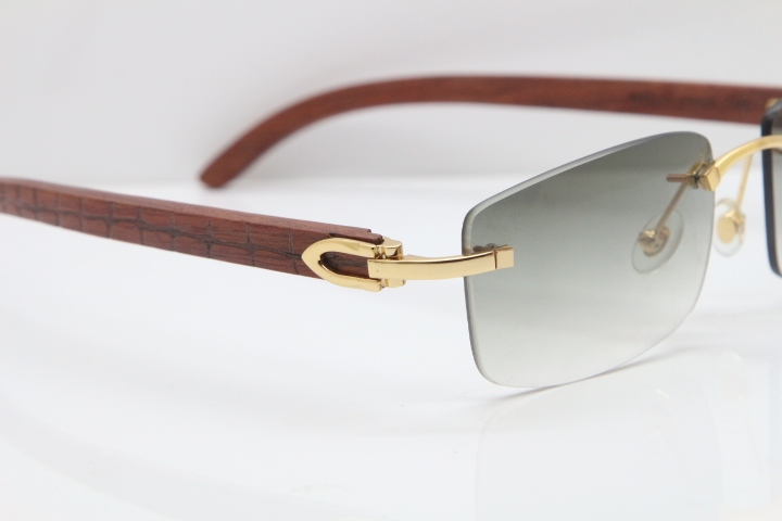 New Cartier Rimless 8200757 SunGlasses Original Carved Wood Sunglasses in Gold Light Green Lens