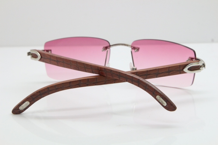 Cartier Rimless 8200757 SunGlasses Original Carved Wood Sunglasses in Gold Pink Lens